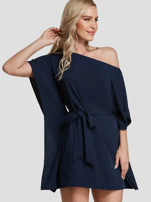 Wholesale Navy One Shoulder Short Sleeve Self-Tie Mini Dresses Sporty Women's Athleisure 
