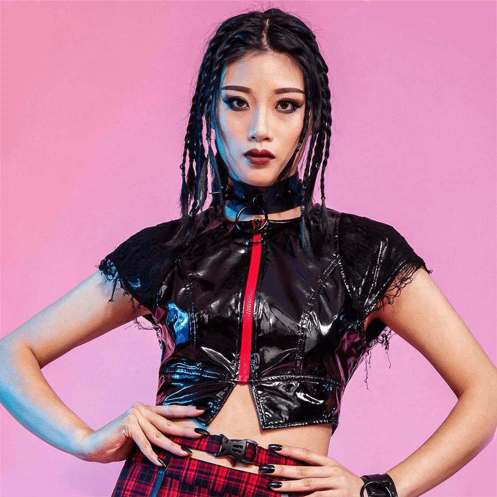 Women's Punk Ripped Patent Leather Crop Top Scandinavian