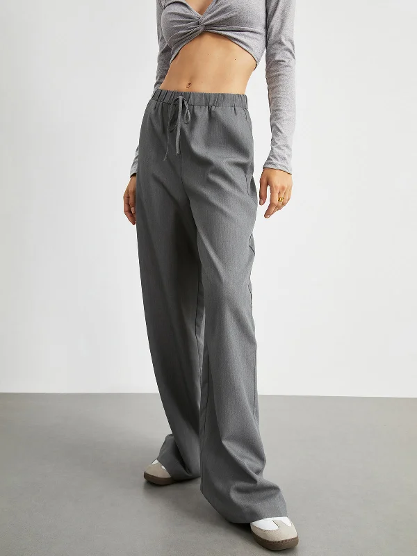 BerryBetty - Elastic Waistband Pockets Drawstring Wide Leg Pants Earthy Women's 
