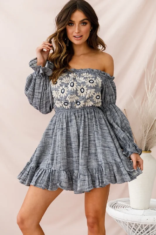 Kayla Off-Shoulder Daisy Embroidered Dress Blue Laid - back Women's Vibe