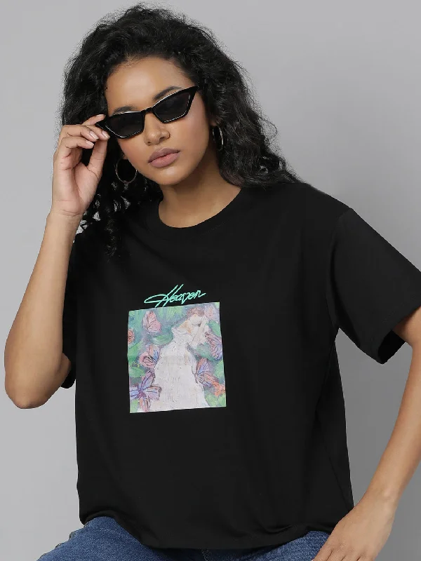 Women Solid Black T Shirt Streetwear Style for 