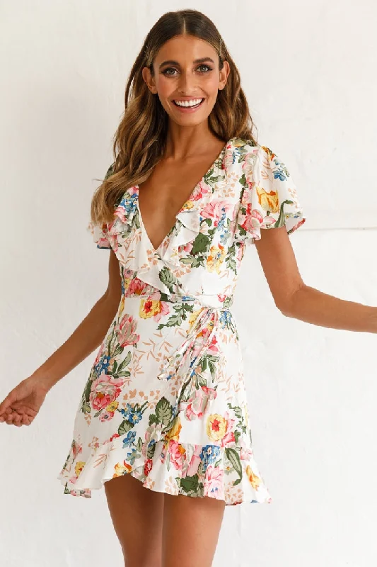Love Story Angel Sleeve Wrap Dress Floral Print White Australian Beach