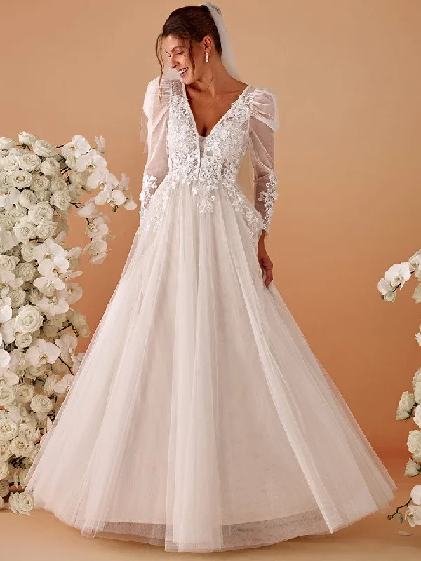 V Neck Leg of Mutton Sleeves Applique See-Through Wedding Dress Sophisticated Women's Tailored