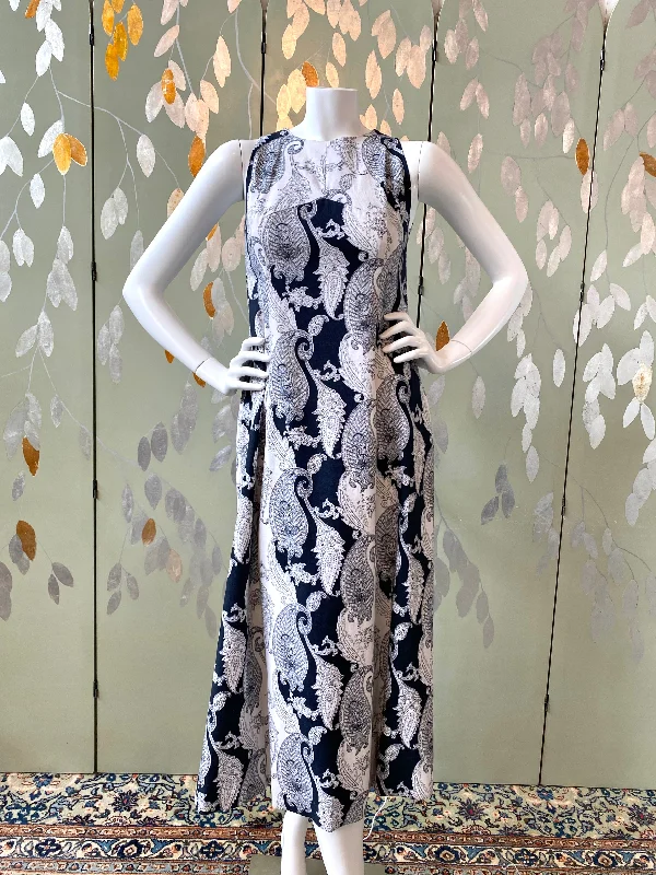 Vintage 1970s Navy & White Paisley Maxi Dress, Small performance