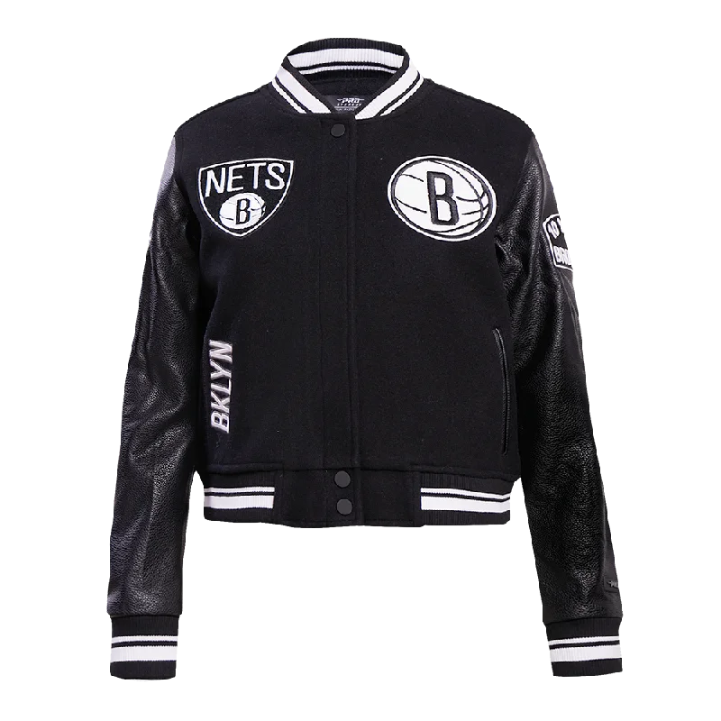 NBA BROOKLYN NETS RETRO CLASSIC WOMEN'S RIB WOOL VARSITY JACKET (BLACK)