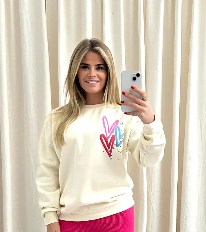 Miss Runway Multicolour Heart Graffiti Sweatshirt Cream Refined Women's Classic 