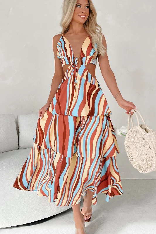 Bet You See Me Now Cut-Out Striped Tiered Maxi Dress (Multi) Geometric
