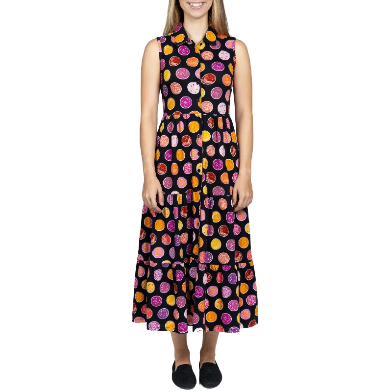 Petri Dish Button-Up Tiered Long Midi Dress (With Waist Seam) Preppy Women's College
