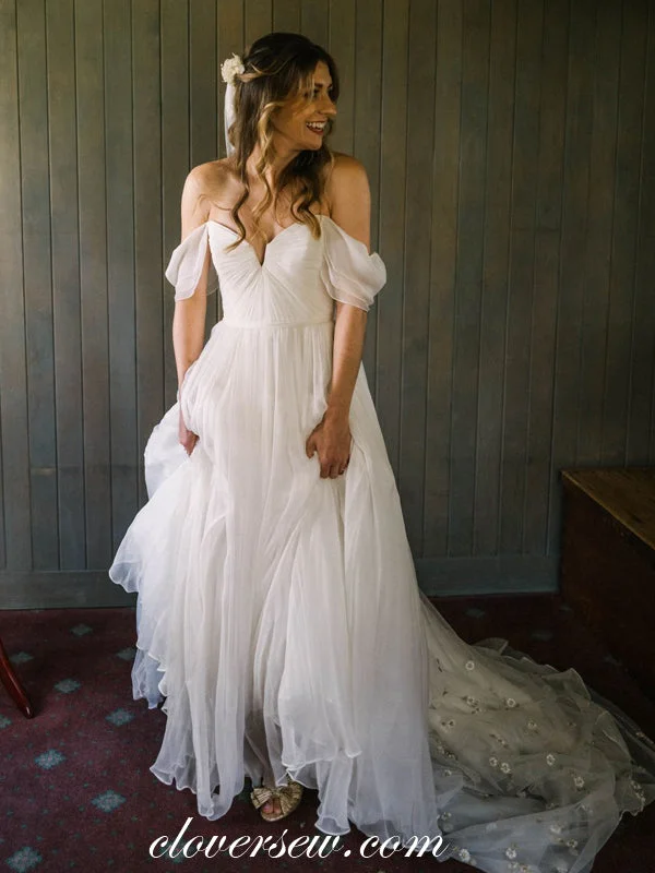 Ivory Chiffon Off The Shoulder With Floral Veil Simple Wedding Dresses, CW0352 Youthful Women's Pop Ivory Chiffon Off The Shoulder With Floral Veil Simple Wedding Dresses, CW0352 Youthful Women's Pop