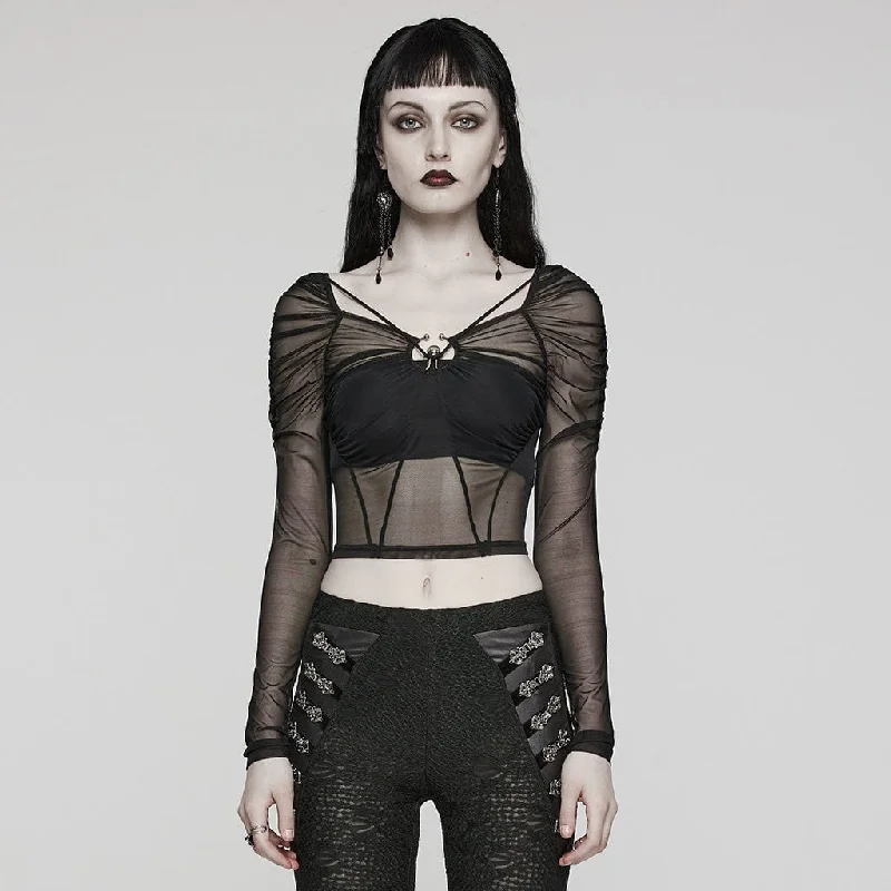Women's Gothic Sheer Lace-Up Mesh Long Sleeved Crop Top Dapper Women's 1920S