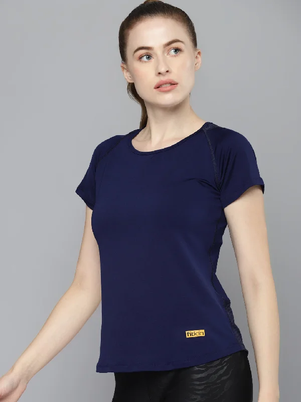 Women's Navy Blue Solid Mesh Inserts Training T-shirt Trendy Women's Oversized