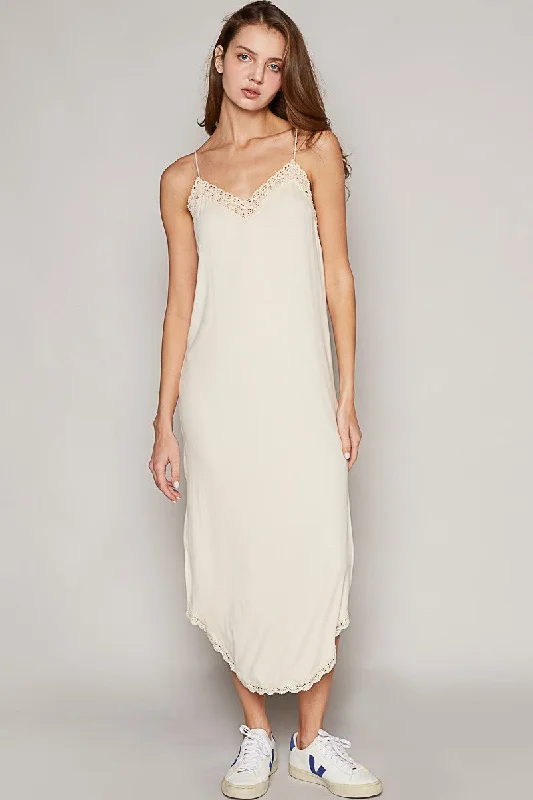 Toula Lace Trim Midi Dress (Almond Cream) Casual Women's Loose - fitting