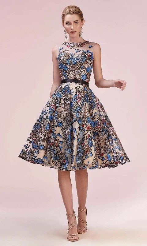 Andrea and Leo - Floral Jewel Neck Cocktail Dress A0578 - 1 pc Multi In Size 22 Available