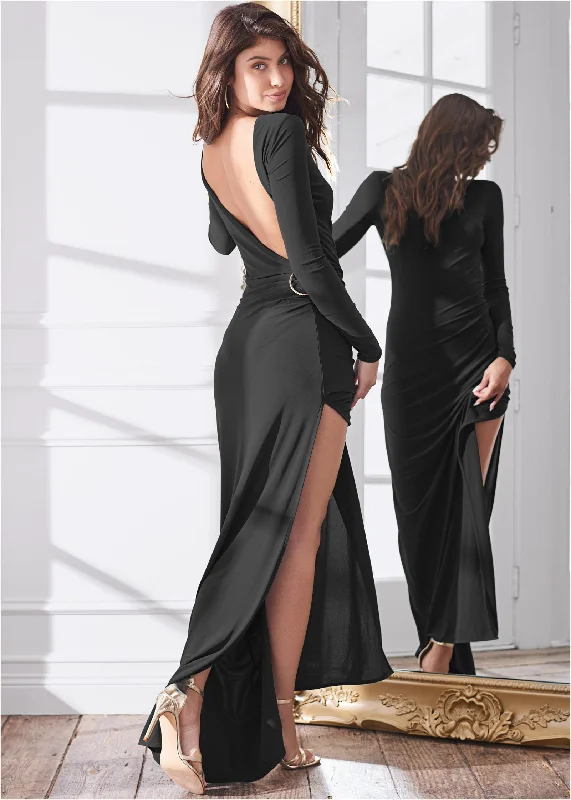 Plunging Back Long Dress - Black Australian Beach