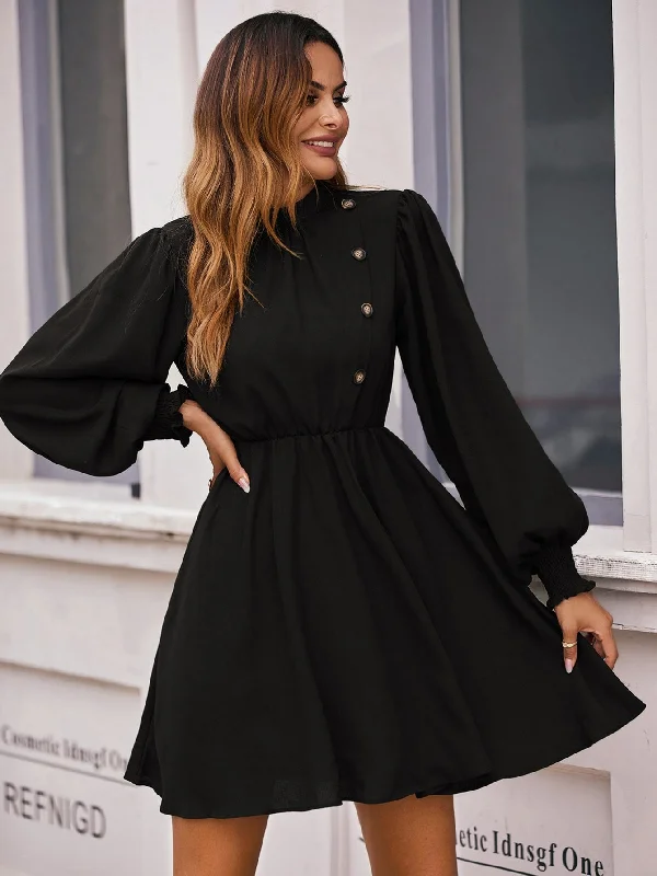 Plain Fake Buttons Long Sleeve Stand Collar Flared High Waist Short Dress Gym