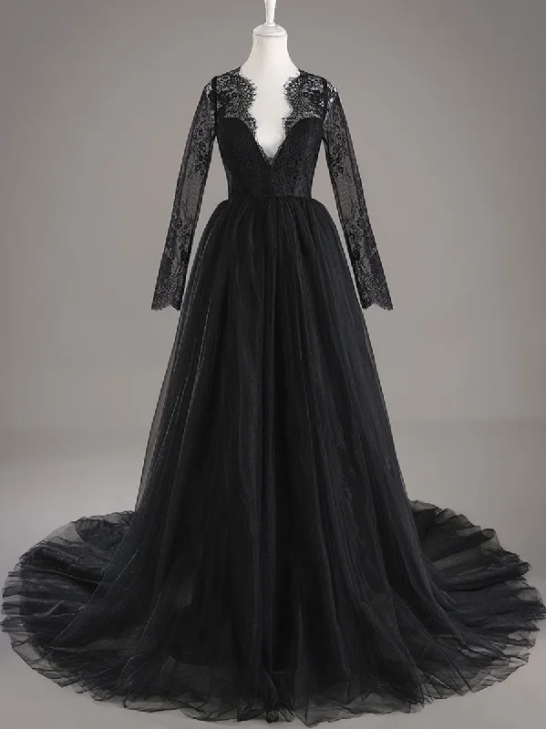 Black Lace Long Sleeve Wedding Dress A line V neck Tulle Gowns garde