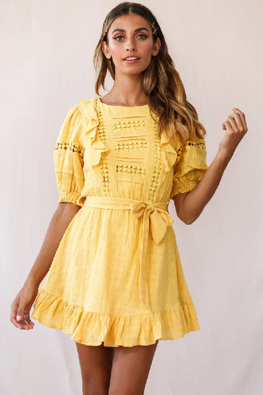 Delia Puff Sleeve Crochet Detail Dress Mustard Sporty Women's Tennis