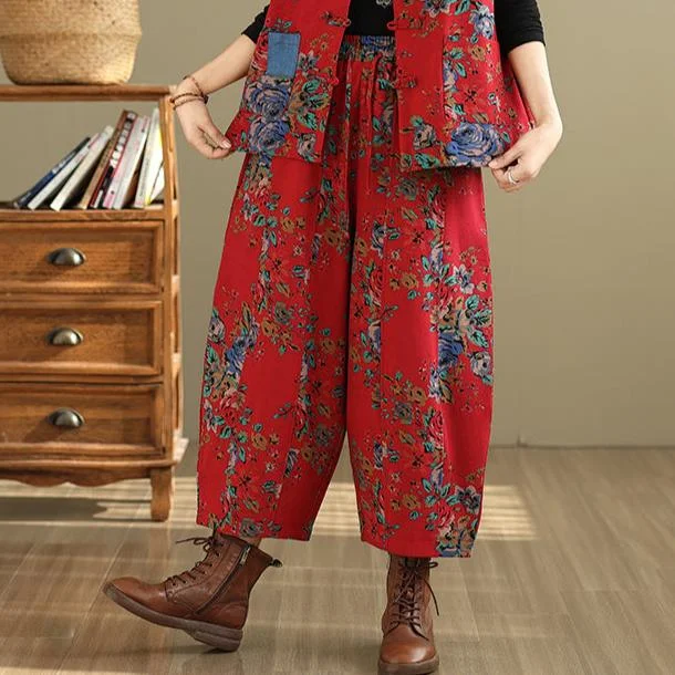 Women Winter Floral Ethnic Style Fleece-Lined Casual Pants