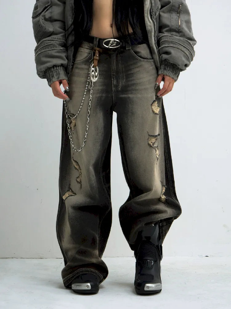 Hole Breaking Wide Leg Jeans【s0000011365】 Hip Women's Urban