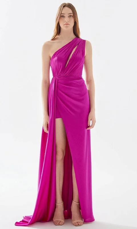 Tarik Ediz 52015 - One Shoulder Satin Prom Gown Traditional Women's Wool