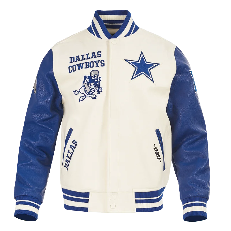 NFL DALLAS COWBOYS RETRO CLASSIC MEN'S RIB WOOL VARSITY JACKET (EGGSHELL/DODGER BLUE) Geometric NFL DALLAS COWBOYS RETRO CLASSIC MEN'S RIB WOOL VARSITY JACKET (EGGSHELL/DODGER BLUE) Geometric