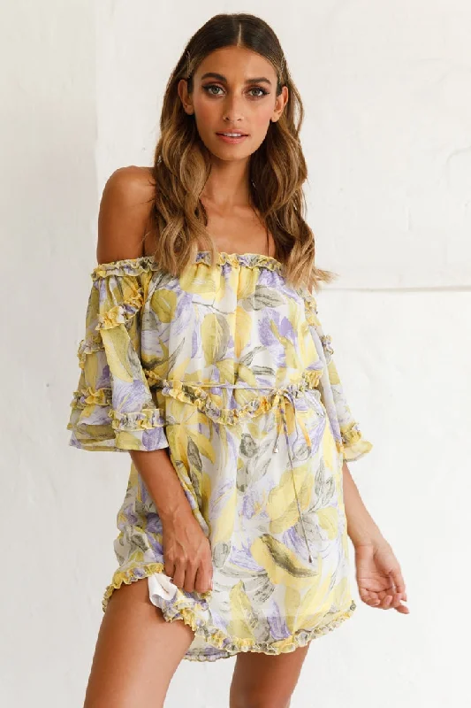 Adriel Off-Shoulder Frill Detail Dress Leaf Print White/Yellow Monochromatic All - in - one Adriel Off-Shoulder Frill Detail Dress Leaf Print White/Yellow Monochromatic All - in - one