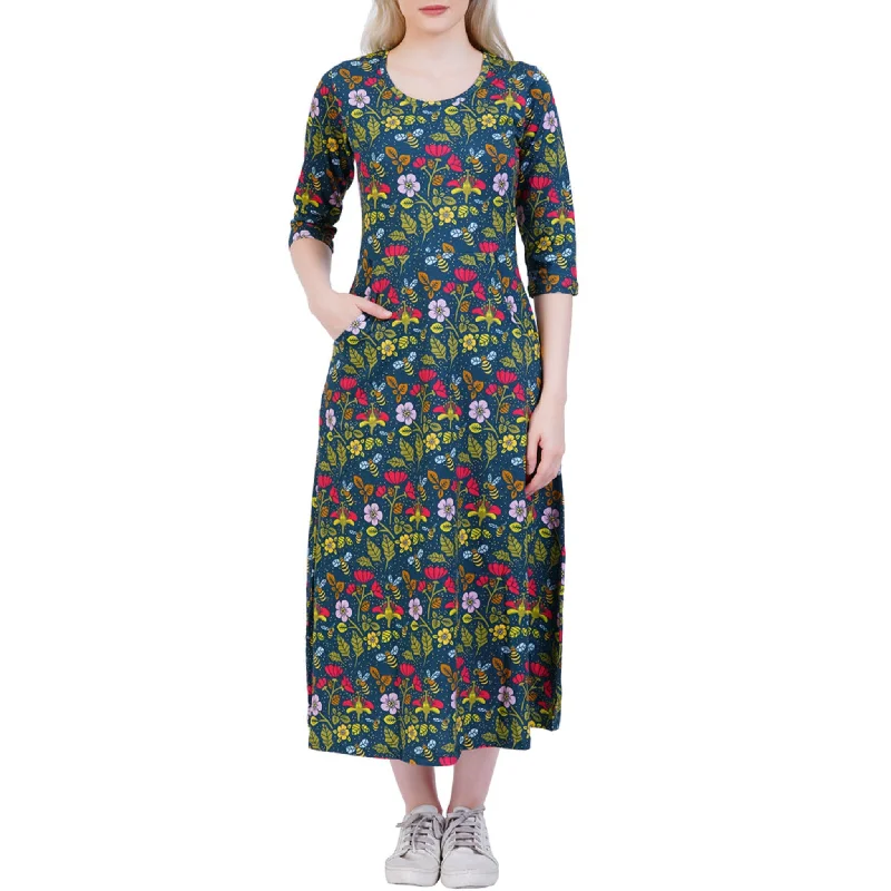 Pollinator 3/4th Sleeves Midi Dress (With Waist Seam) Cashmere