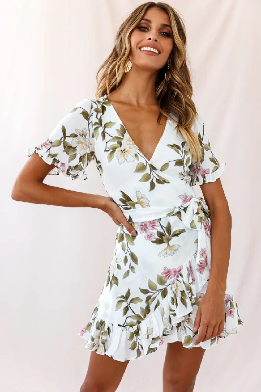 Omara Floral Wrap Ruffle Trim Dress White Hip Women's Retro