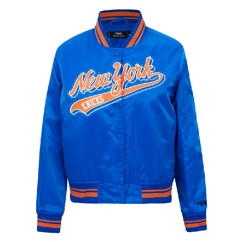 NBA NEW YORK KNICKS SCRIPT TAIL WOMEN'S SATIN JACKET (ROYAL/ORANGE/ROYAL) Traditional Women's NBA NEW YORK KNICKS SCRIPT TAIL WOMEN'S SATIN JACKET (ROYAL/ORANGE/ROYAL) Traditional Women's