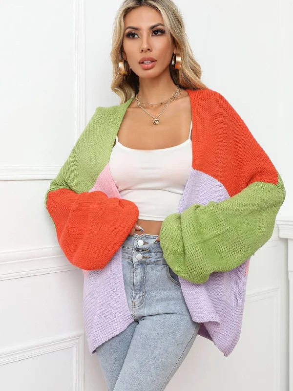 Color Block Open Front Balloon Sleeve Longline Cardigan Sophisticated Women's 