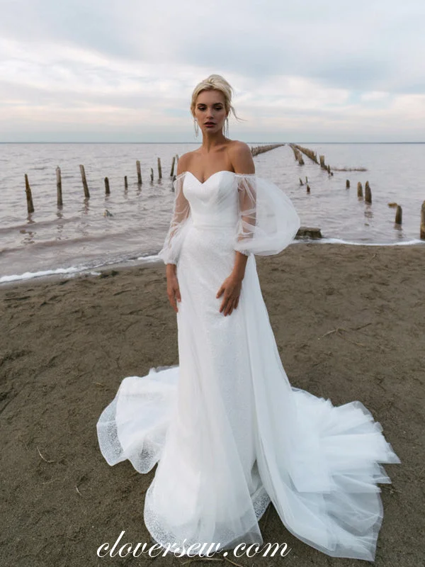 Glitter Tulle Off The Shoulder Shiny Beach Wedding Dresses, CW0347 Dapper Women's Bow - adorned Glitter Tulle Off The Shoulder Shiny Beach Wedding Dresses, CW0347 Dapper Women's Bow - adorned