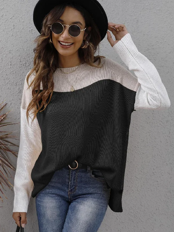 Color Block Round Neck Dropped Shoulder Two-Tone Sweater European