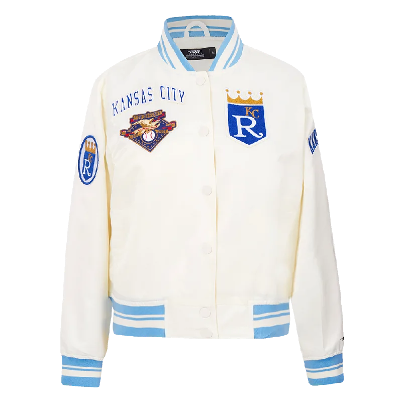 MLB KANSAS CITY ROYALS RETRO CLASSIC WOMEN'S RIB SATIN JACKET (EGGSHELL/ UNIVERSITY BLUE) Rugged Women's Outdoor MLB KANSAS CITY ROYALS RETRO CLASSIC WOMEN'S RIB SATIN JACKET (EGGSHELL/ UNIVERSITY BLUE) Rugged Women's Outdoor