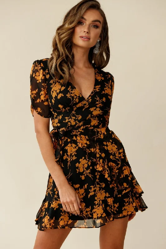 Wonderland Wrap Front Tea Dress Floral Print Black/Mustard Women