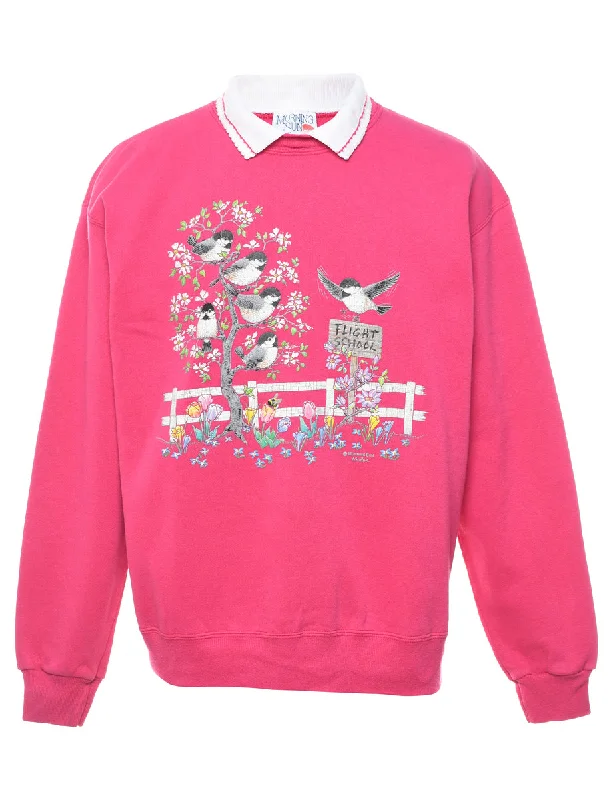 Pink Printed 1990s Bird Design Sweatshirt - L