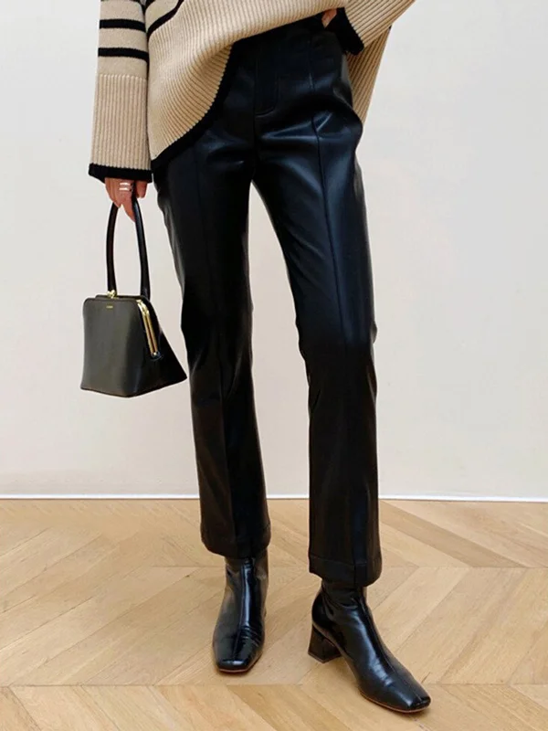 BerryBetty - Faux Leather Straight Leg Ankle Pants Refined Women's Classic 