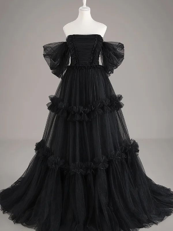 A line Off-shoulder Black Tulle Wedding Dress Stylish Women's Tropical 
