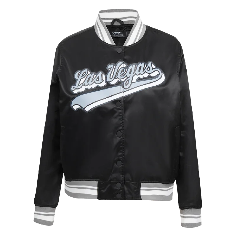 NFL LAS VEGAS RAIDERS SCRIPT TAIL WOMEN'S SATIN JACKET (BLACK/GRAY) Youthful Women's Pop NFL LAS VEGAS RAIDERS SCRIPT TAIL WOMEN'S SATIN JACKET (BLACK/GRAY) Youthful Women's Pop