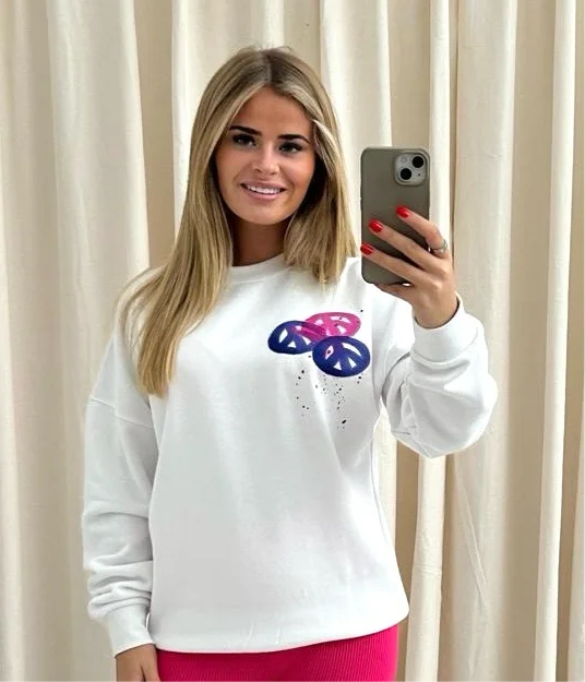Peace & Love Graffiti Sweatshirt White Cozy Women's Sherpa - lined