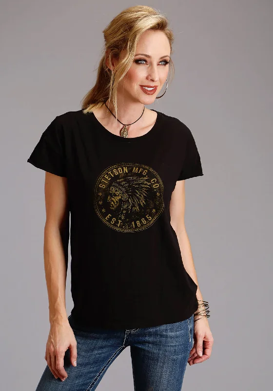 Stetson Womens Indian Head Coin Black 100% Cotton S/S T-Shirt Sleek Women's Metallic