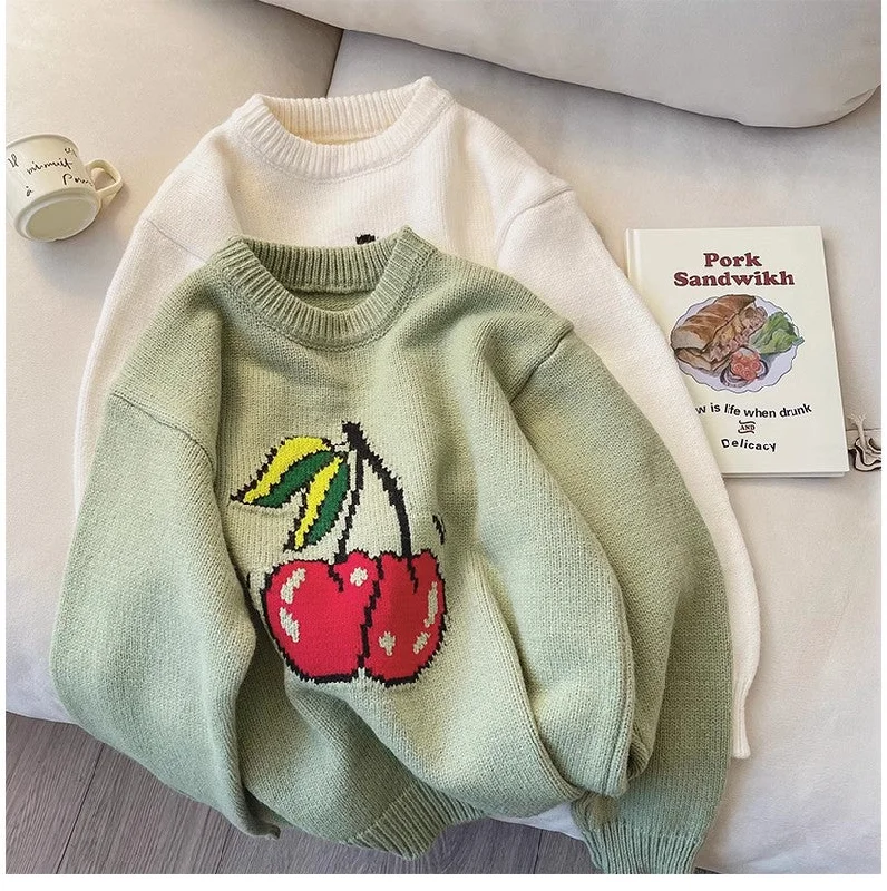cherry jacquard round neck sweater for women pullover sweater    S4920 Business
