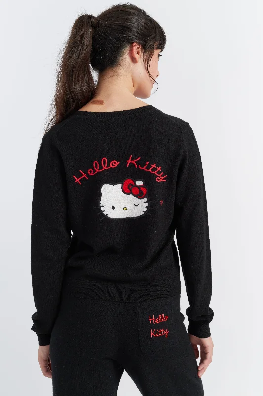 Black Wool-Cashmere Hello Kitty Bow Cardigan Sharp Women's Italian
