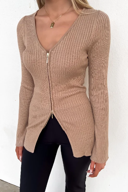 Kaia Zip-Front Knit Top Mocha Monochromatic All - in - one