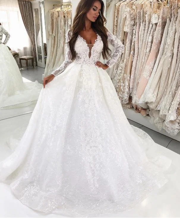 Deep V-Neck Long Sleeves Court Train Lace Wedding Dress, BH91279 Laid - back Women's Style Deep V-Neck Long Sleeves Court Train Lace Wedding Dress, BH91279 Laid - back Women's Style
