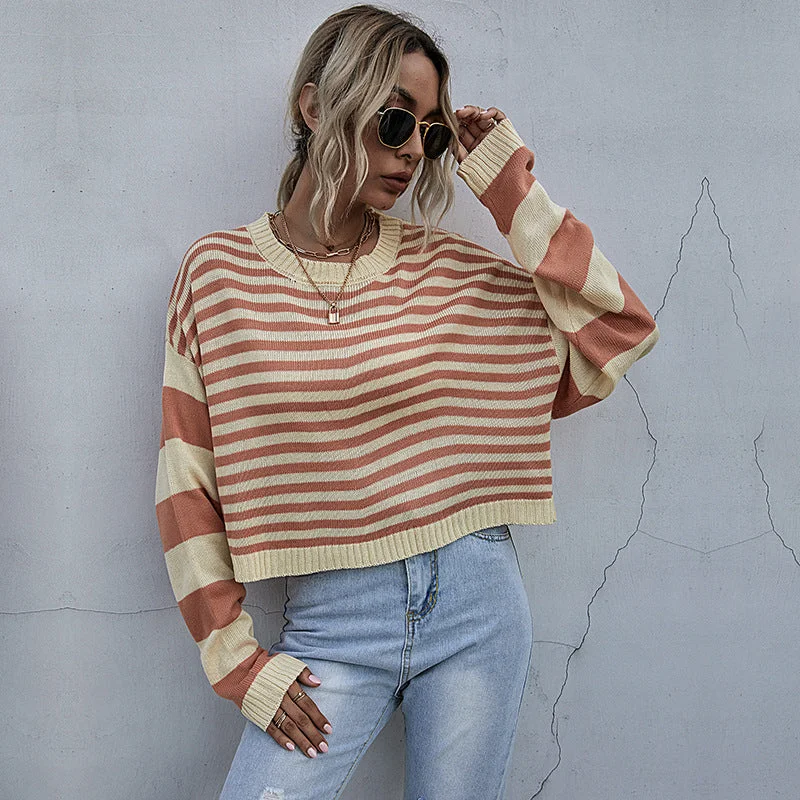 Orange Short Color Clash Striped Sweater Wholesale Women Clothing Sleek Women's Metallic Orange Short Color Clash Striped Sweater Wholesale Women Clothing Sleek Women's Metallic