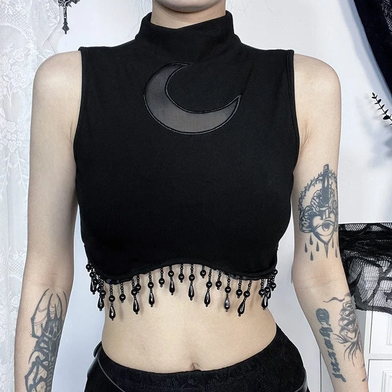 Women's Gothic Stand Collar Beaded Crop Top Feminine Women's Soft 