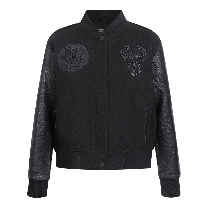 NBA MILWAUKEE BUCKS TRIPLE BLACK WOMEN'S WOOL VARSITY JACKET (TRIPLE BLACK) Modern Women's Tech NBA MILWAUKEE BUCKS TRIPLE BLACK WOMEN'S WOOL VARSITY JACKET (TRIPLE BLACK) Modern Women's Tech