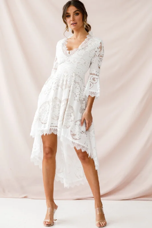 Chantilly High-Low Bell Sleeve Dress White Sophisticated Women's Tailored