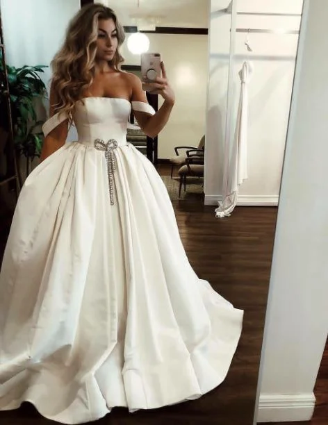 Romantic Off The Shoulder Wedding Dresses, Satin Wedding Dress, BH91280 Sophisticated Women's 