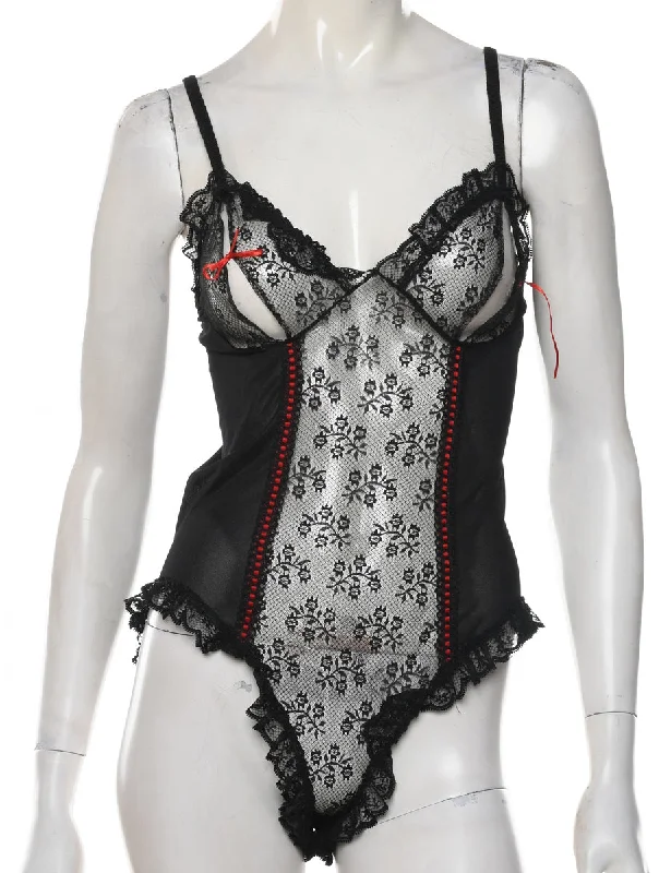 Classic Black Lace Rufled Bodysuit - S Geometric